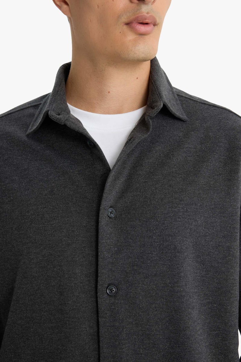 DeFacto Grey Man Regular Fit Polo Neck Twill Long Sleeve Shirt Casual - Image 3